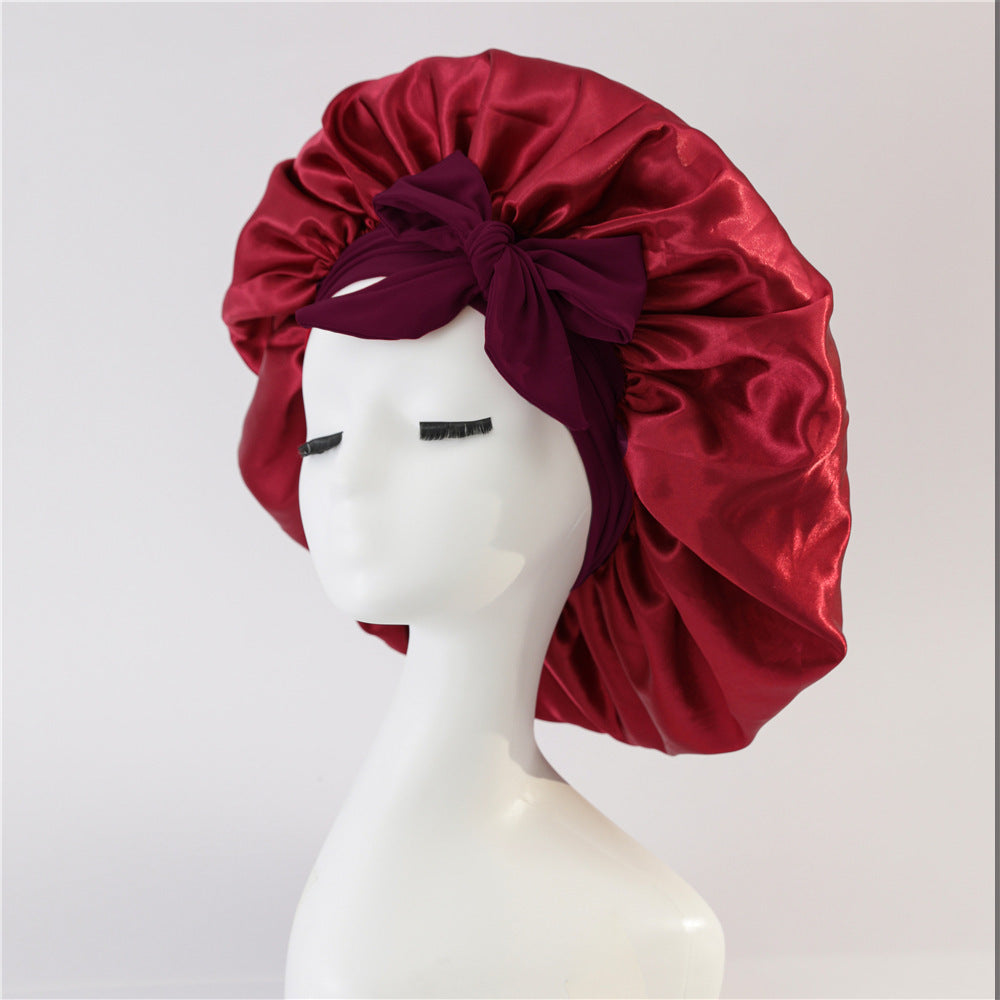 K & S | Satin Schlafhaube Doppellagig mit Bindeband – Nachtmütze für Lockiges Haar & Anti-Frizz