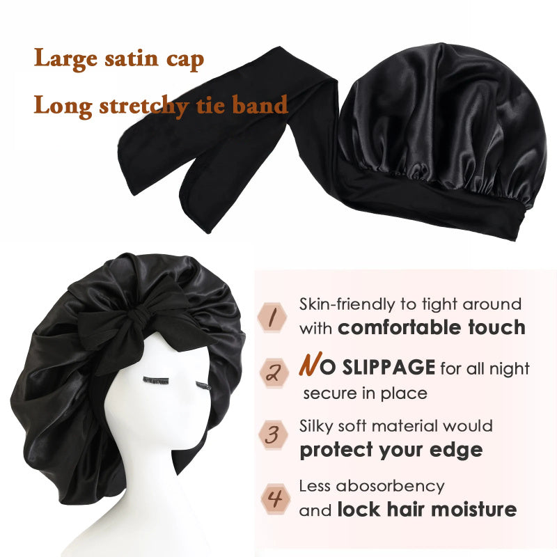K & S | Satin Schlafhaube Doppellagig mit Bindeband – Nachtmütze für Lockiges Haar & Anti-Frizz