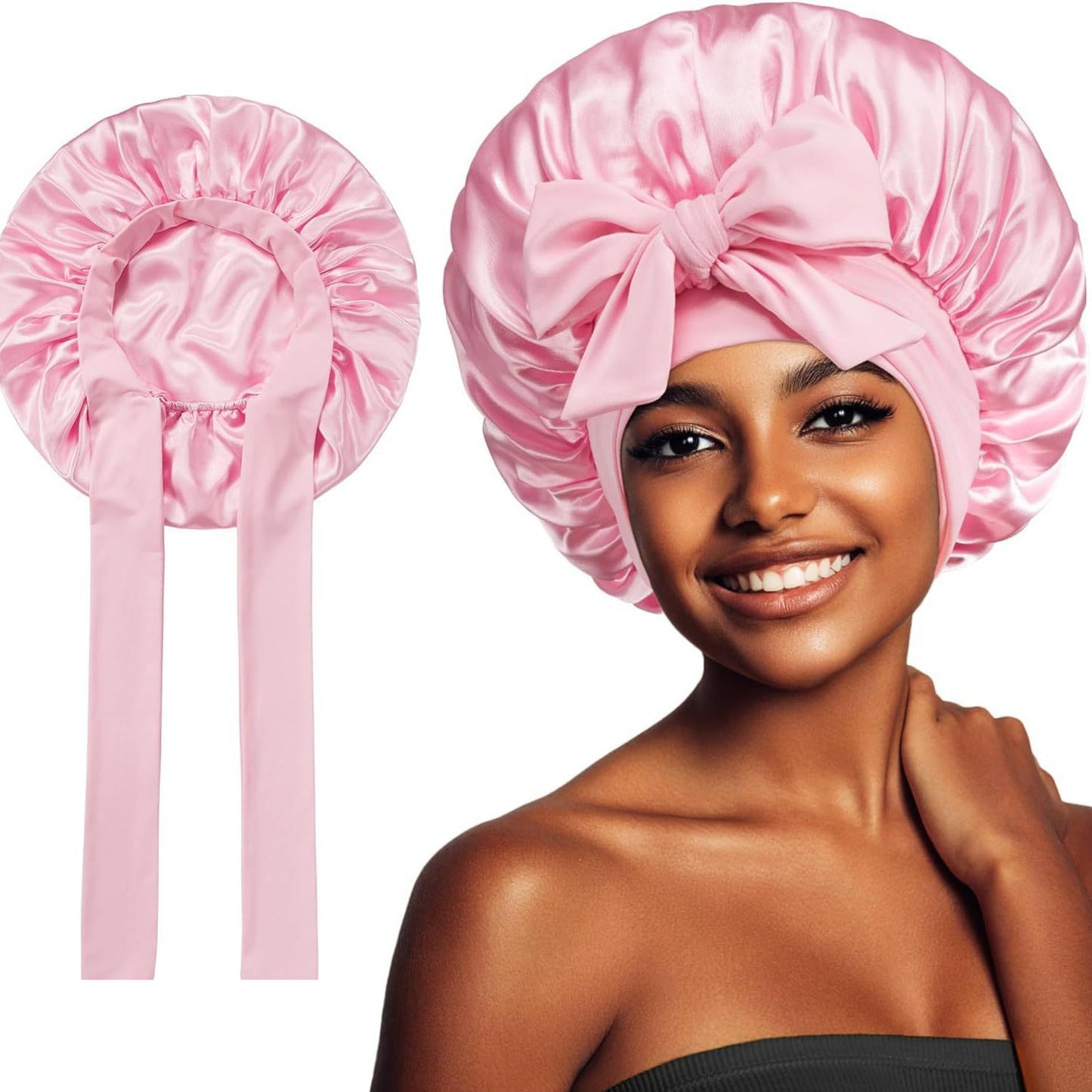 K & S | Satin Schlafhaube Doppellagig mit Bindeband – Nachtmütze für Lockiges Haar & Anti-Frizz