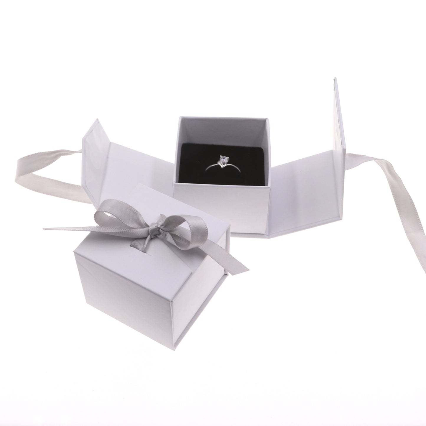 K & S | Schmuckbox Geschenkbox für Ringe & Ohrringe – Elegante Box mit Schleifenband Grau/Weiß