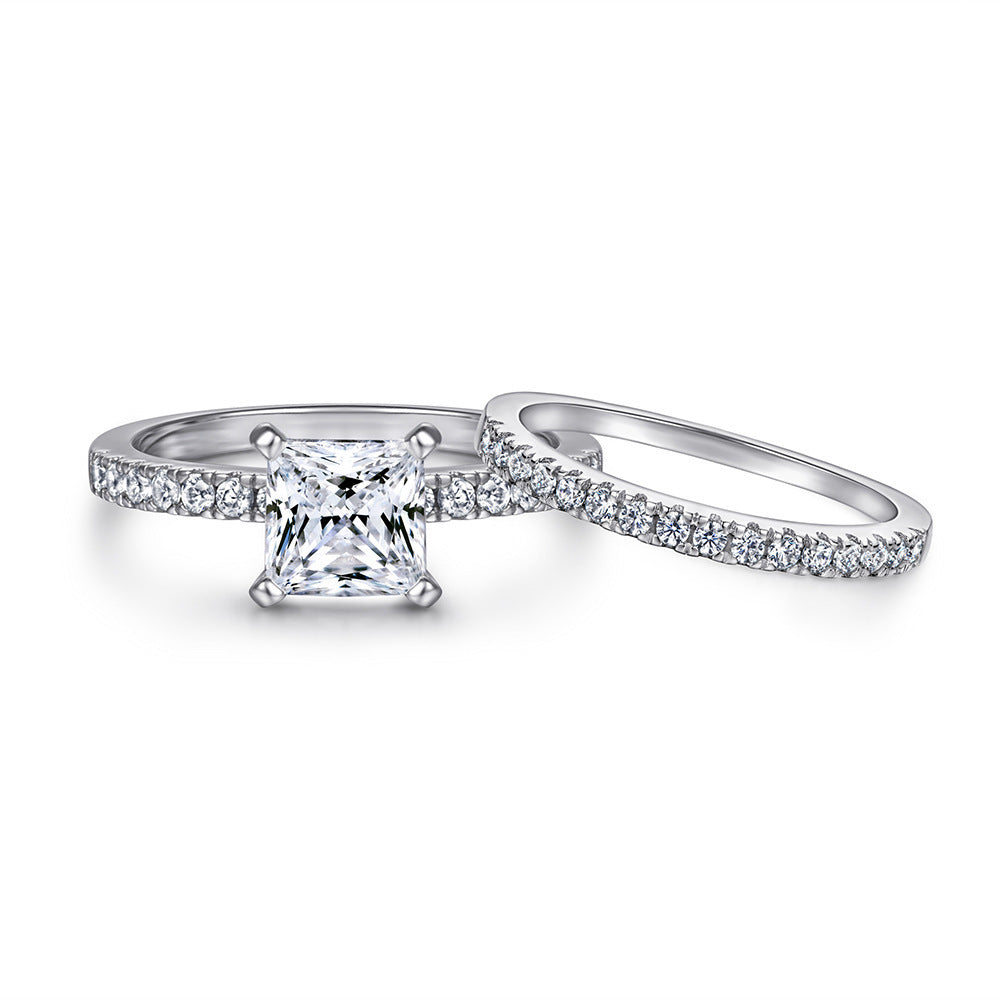 K & S | Damenring Set 925 Silber mit Quadrat Diamant – Eleganter 18K Schmuck Zweier Set