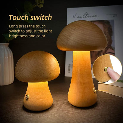 K & S | LED Nachtlicht aus Holz – Pilzform Tischlampe mit Touch-Schalter für Schlafzimmer & Kinderzimmer