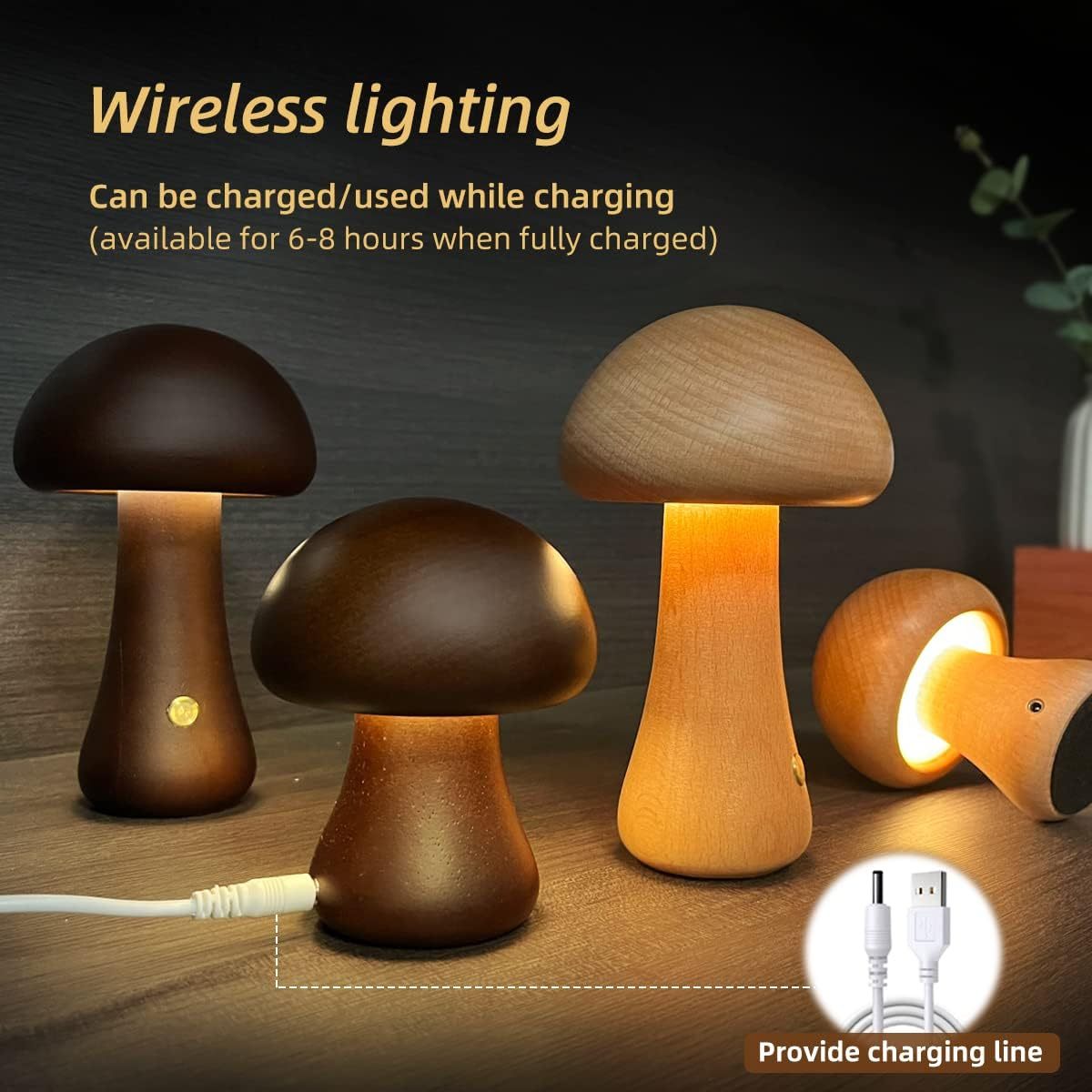 K & S | LED Nachtlicht aus Holz – Pilzform Tischlampe mit Touch-Schalter für Schlafzimmer & Kinderzimmer