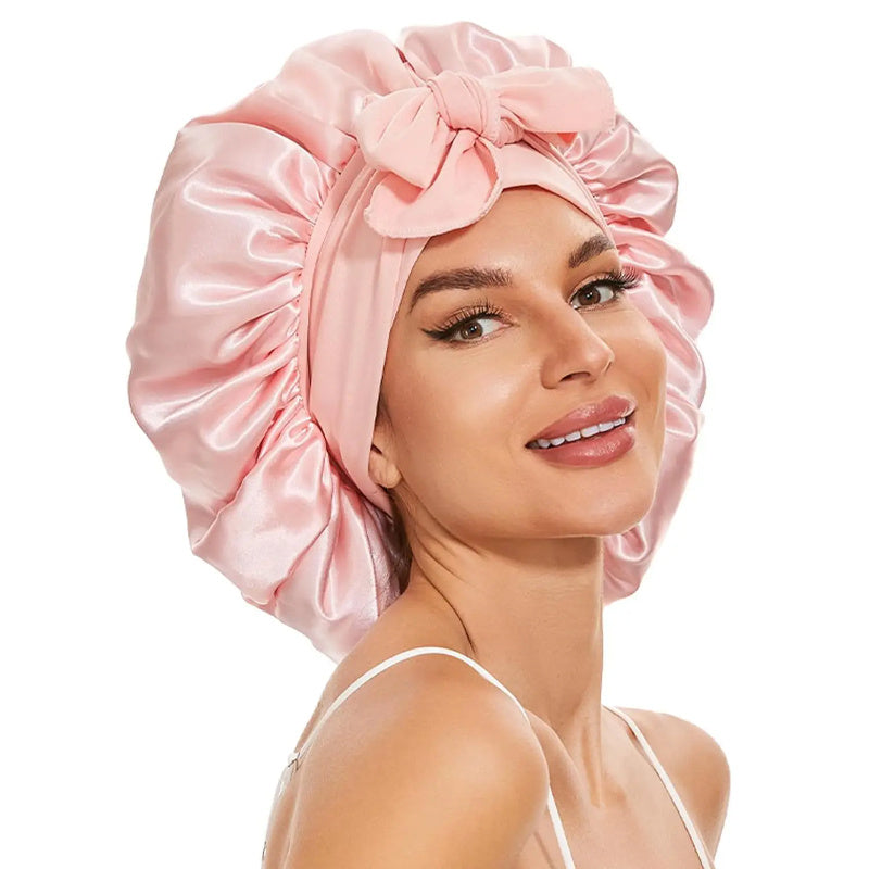 K & S | Satin Schlafhaube Doppellagig mit Bindeband – Nachtmütze für Lockiges Haar & Anti-Frizz